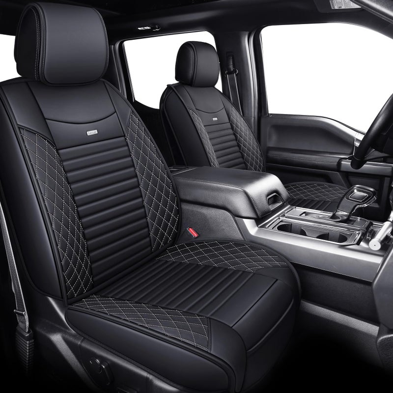Aierxuan 2 Front Seat Covers 2009-2026 Ford F150 Truck Pickup Crew Regular Extended Cab Waterproof Leather Seat Protectors Custom Fit for 2017-2026 F250 F350 F450(2 PCS Front, Black-White) - Image 2